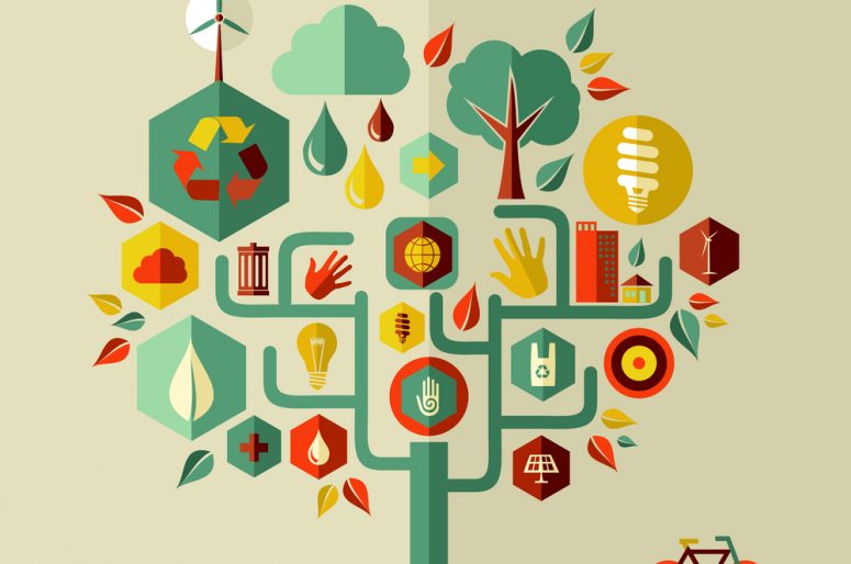 Eco conservation city conceptual tree design. Vector file layered for easy manipulation and custom coloring.