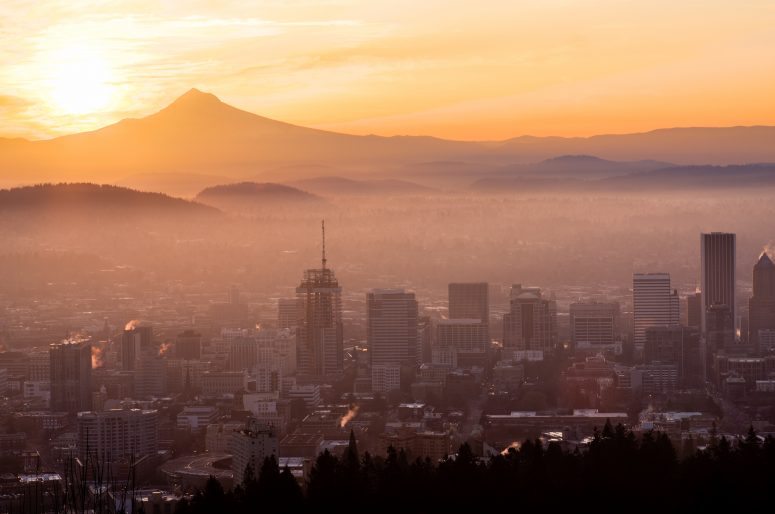 Sunrise View of Portland, Oregon from Pittock Mansion.
